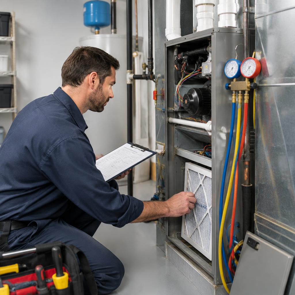 Technician completing a preventative HVAC maintenance checklist